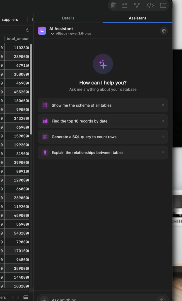 AI Assistant panel with suggested prompts about the open database