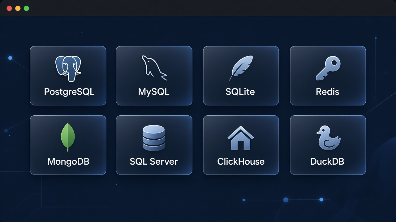 Grid of supported database engines including PostgreSQL and MySQL